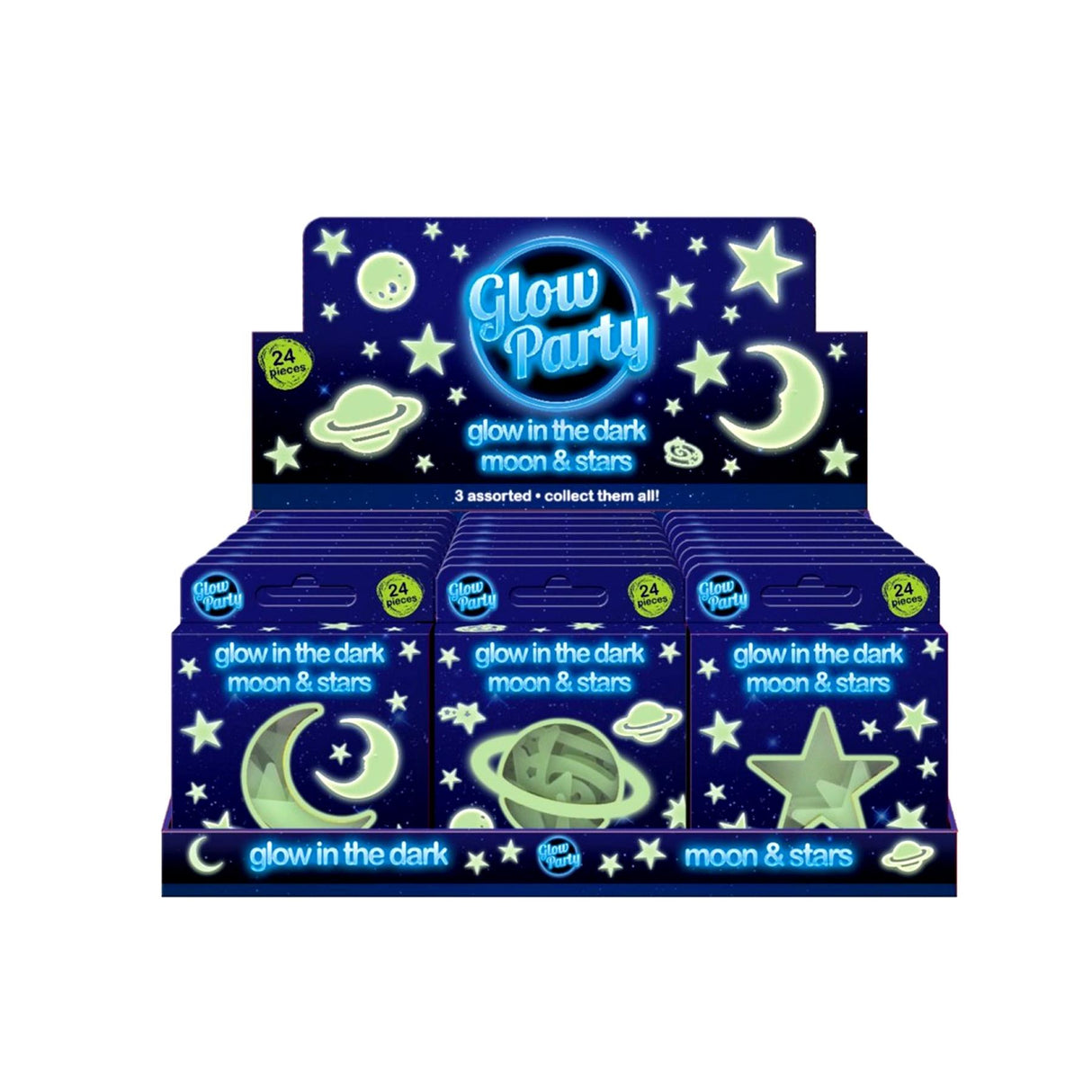 A colorful, stacked display of the "Glow in the Dark" candies in their various shapes, including a moon, star, and planet. The candies are a bright, glowing yellow and are nestled in their respective shapes. The packaging is a deep blue with a dark, starry night sky, featuring a moon, stars, and a planet. The top of the packaging features a bright, glowing "Glow in the Dark" logo. - UKBuyZone
