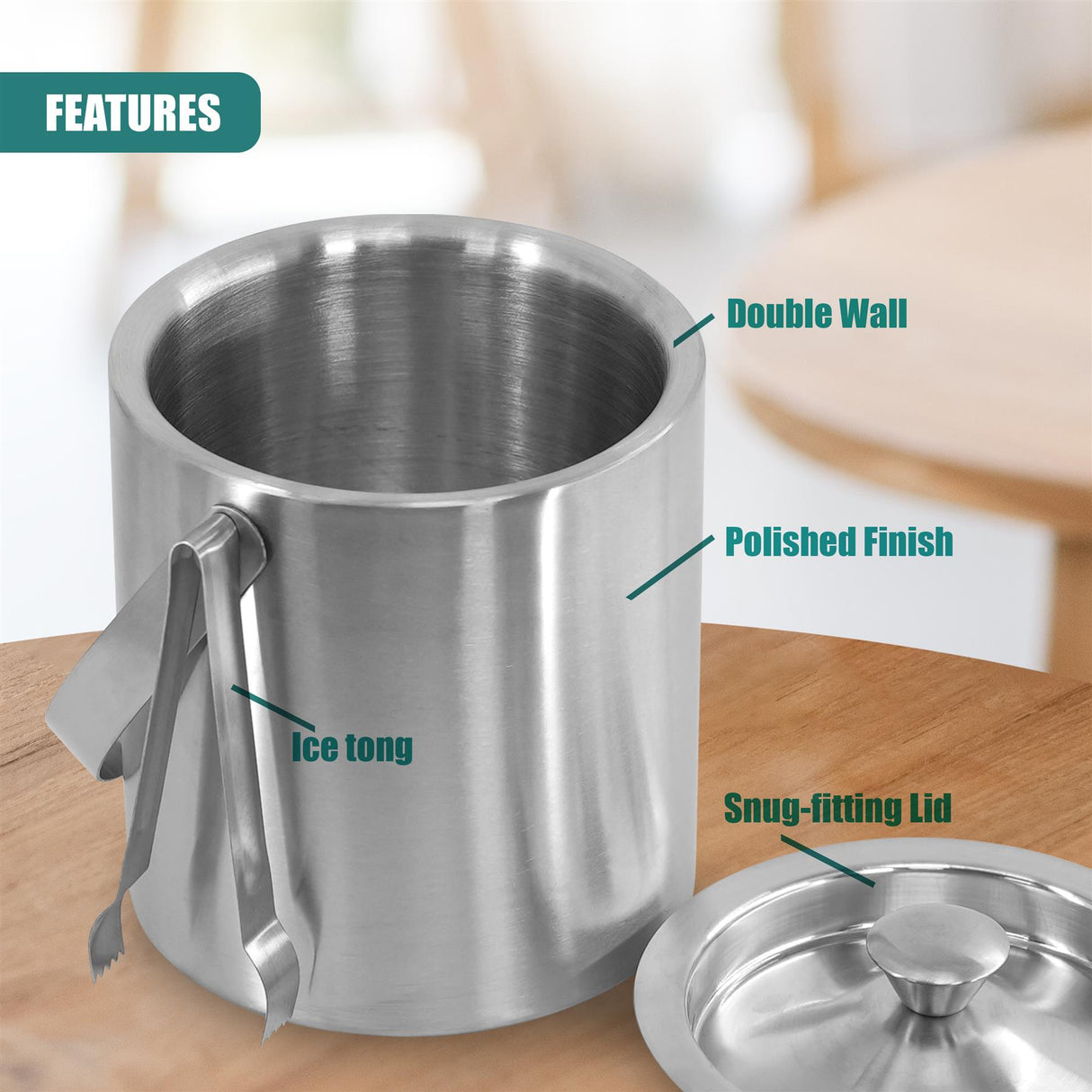 Stainless Steel Ice Bucket With Lid And Ice Tongs by Geezy - UKBuyZone
