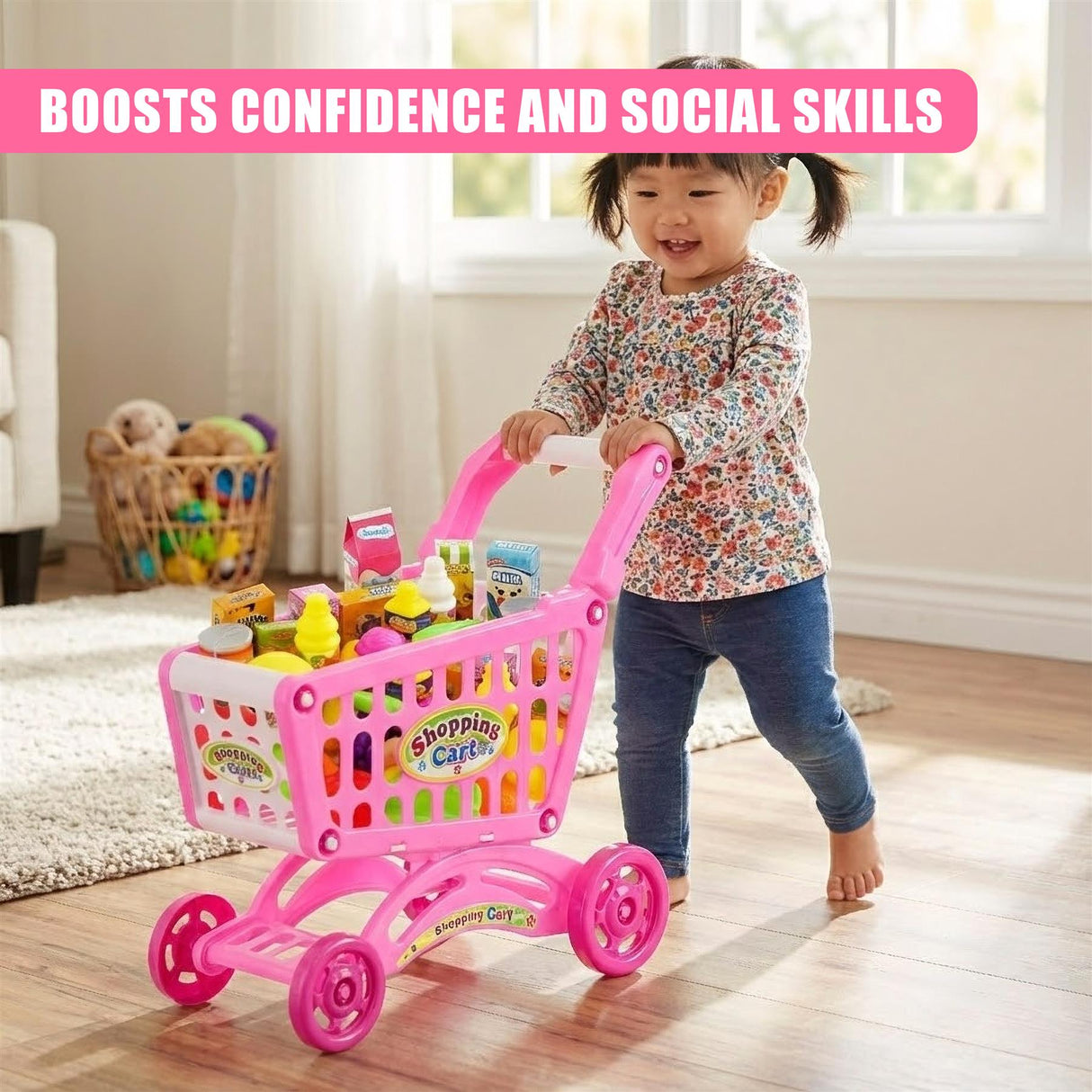 A set of colorful mini shopping carts and play food items, designed to encourage early learning and creativity for children. - UKBuyZone