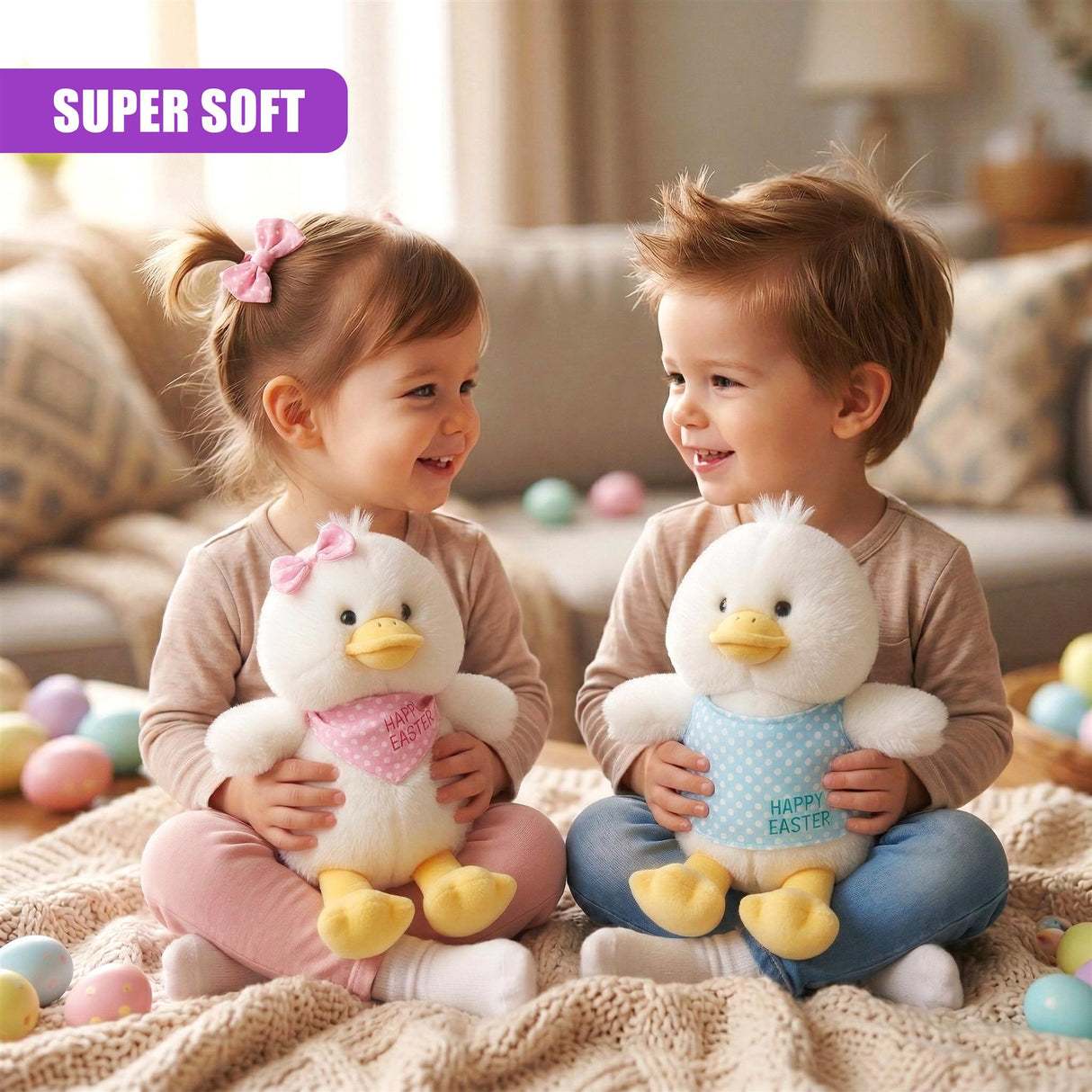 Girl and boy sit holding stuffed white Easter chick toys near pastel eggs.