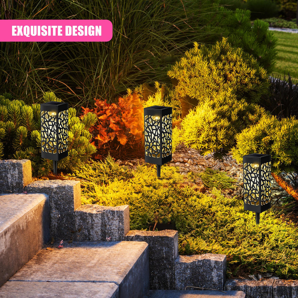 Solar Garden Pathway Stake Lights, Set of 3 – Warm White LED by GEEZY - UKBuyZone