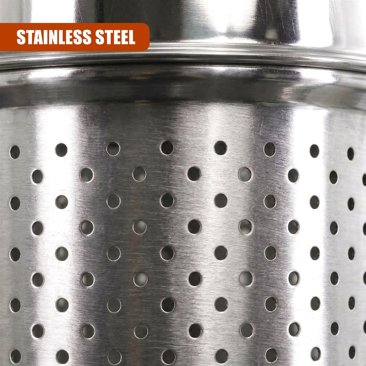 Stainless steel pot features numerous small, uniform holes for cooking or draining pasta.
