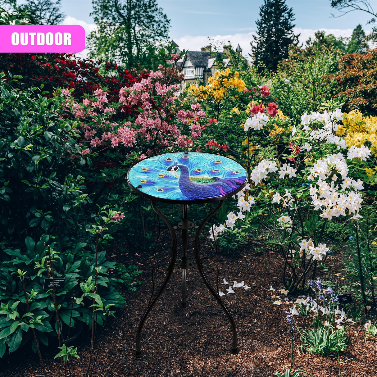 Round Side Mosaic Garden Table With Blue Peacock Design by Geezy - UKBuyZone