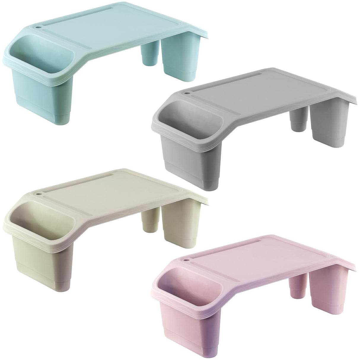 "A set of six bed trays in various colors, featuring a curved design and a storage compartment at the front." - UKBuyZone