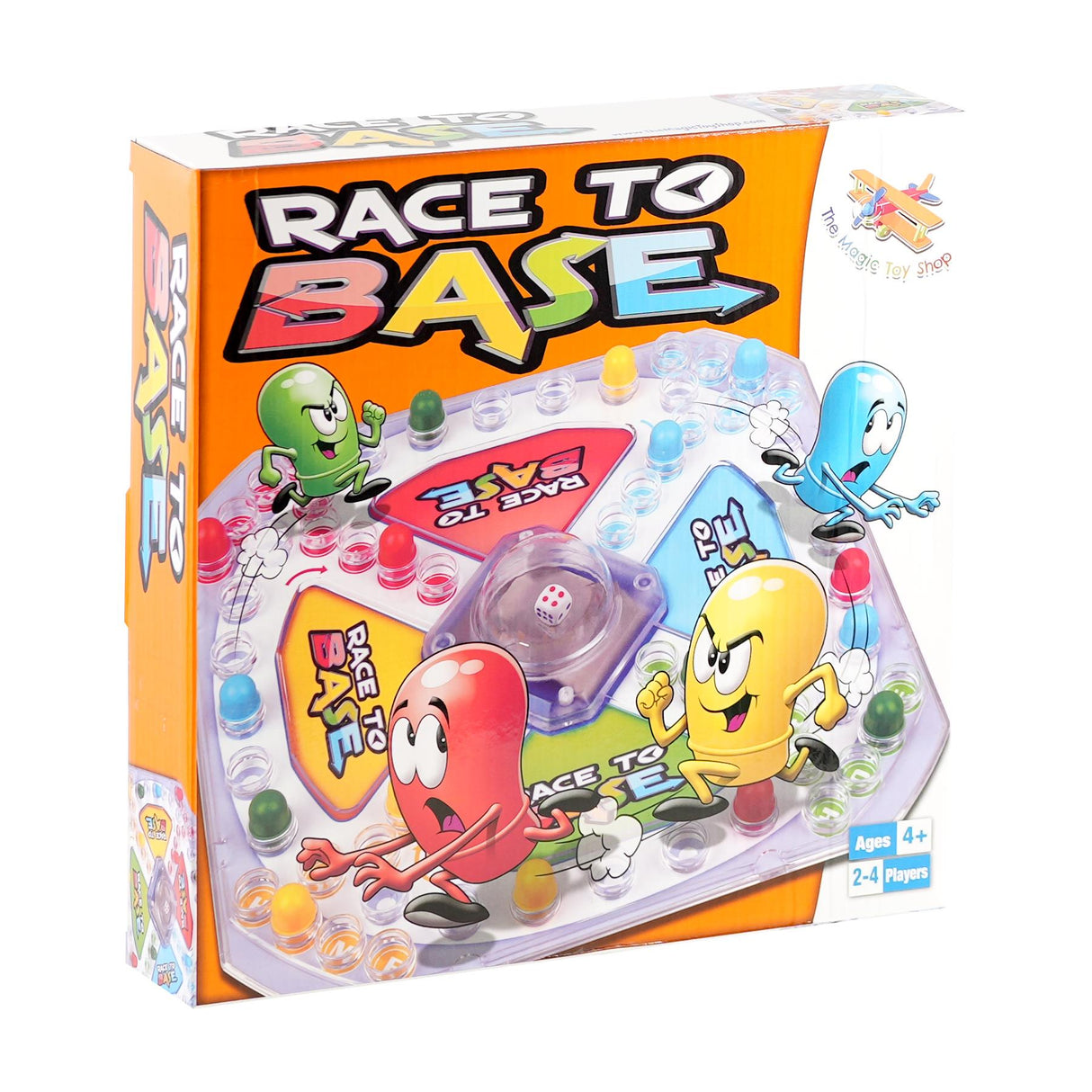 Game board features four cartoon characters racing along a colorful circular track.