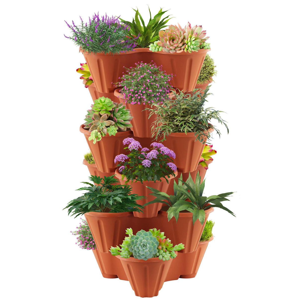 "Colorful stacked pots filled with a variety of vibrant plants, including cacti and succulents." - UKBuyZone