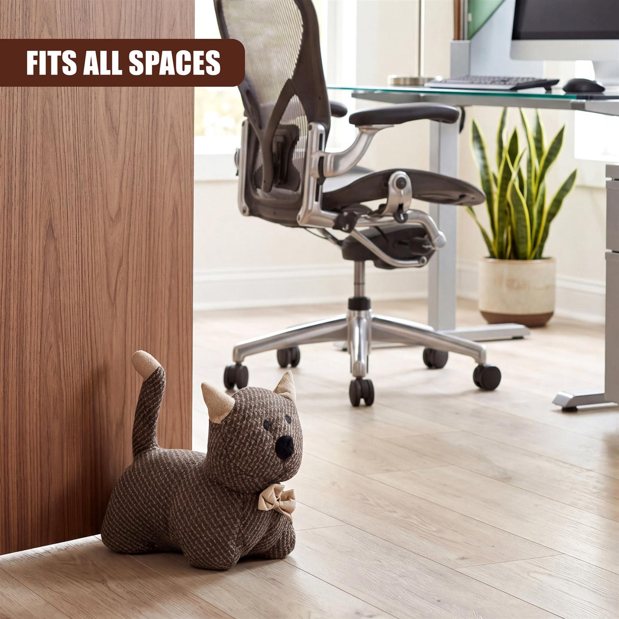 A woven kitten door stopper rests against a wood paneling wall in an office workspace.