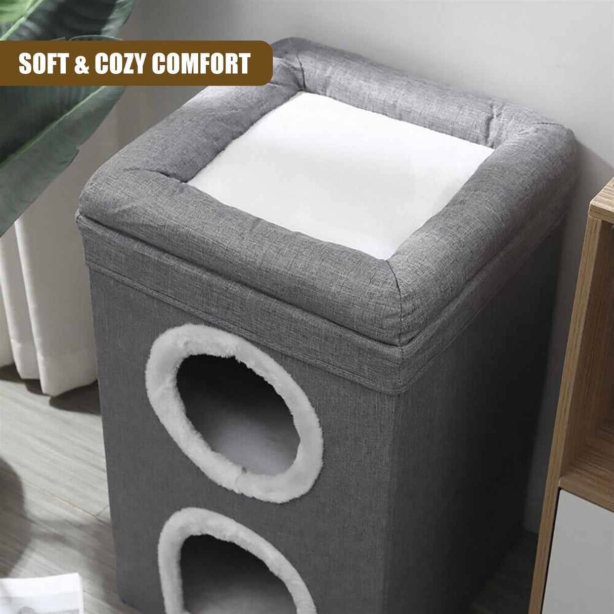 Gray ottoman with a plush white bed inside, and a cozy cat house on top. This furniture combines both functionality and aesthetics for pets and their owners. - UKBuyZone