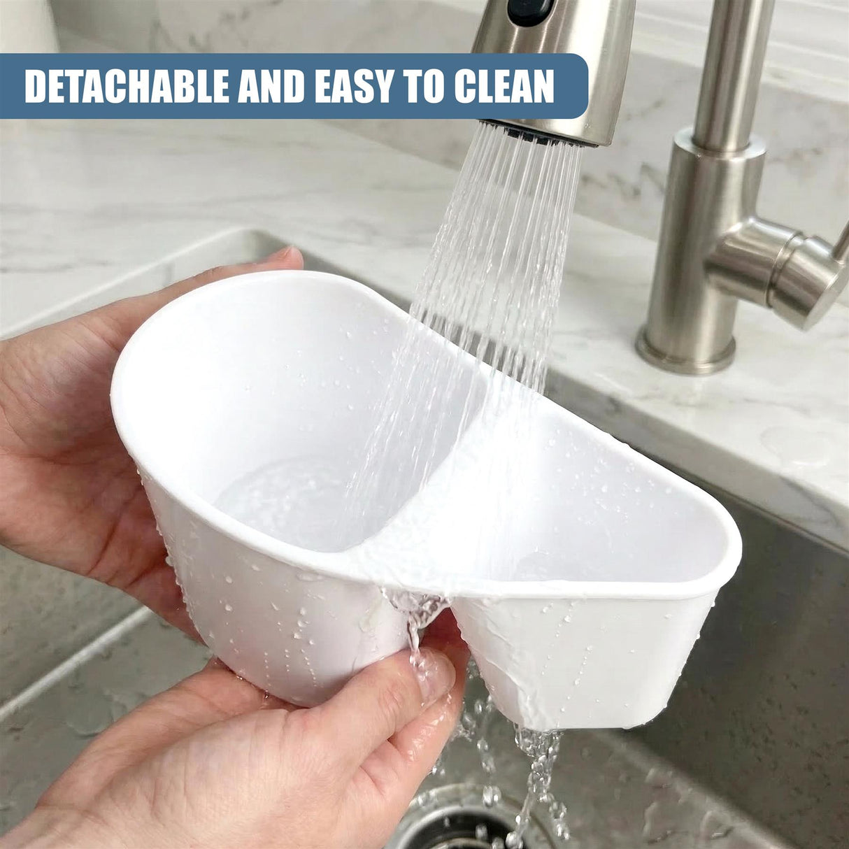 A white plastic drying caddy is held beneath a running kitchen faucet.
