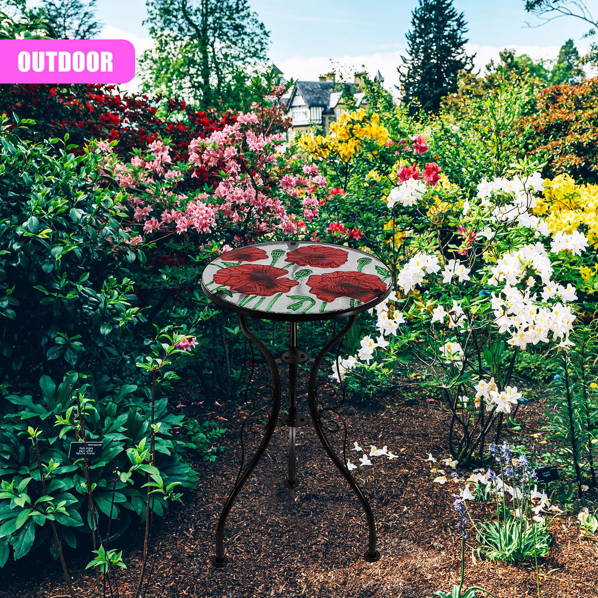 Round Side Mosaic Garden Table With Poppies Design by Geezy - UKBuyZone