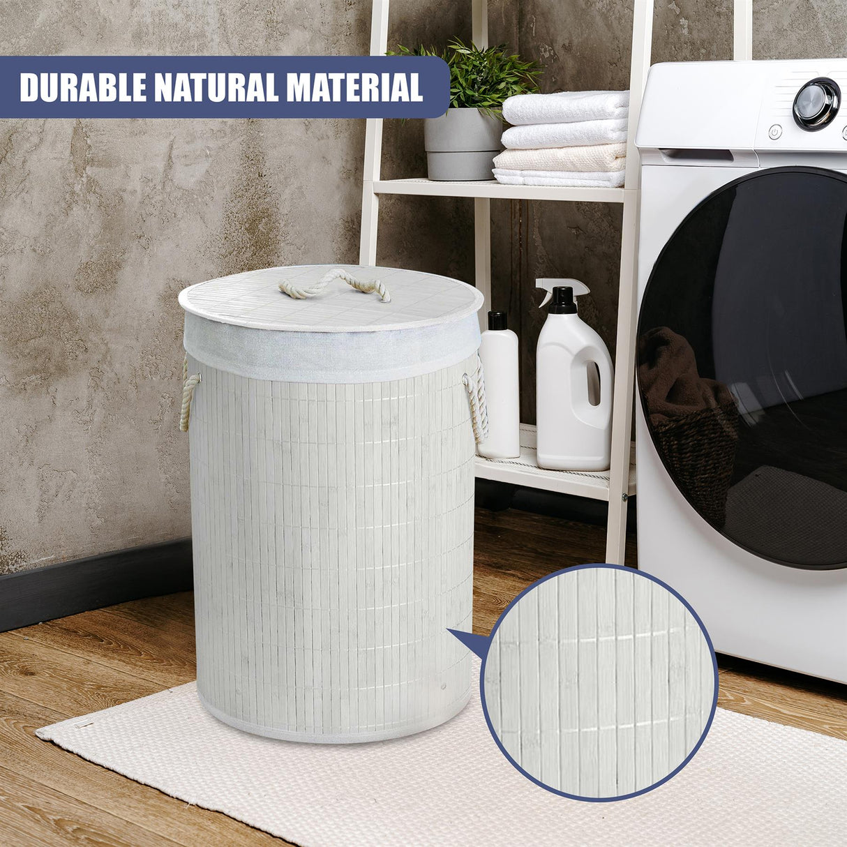 Round Bamboo Laundry Hamper with Lid, White by GEEZY - UKBuyZone
