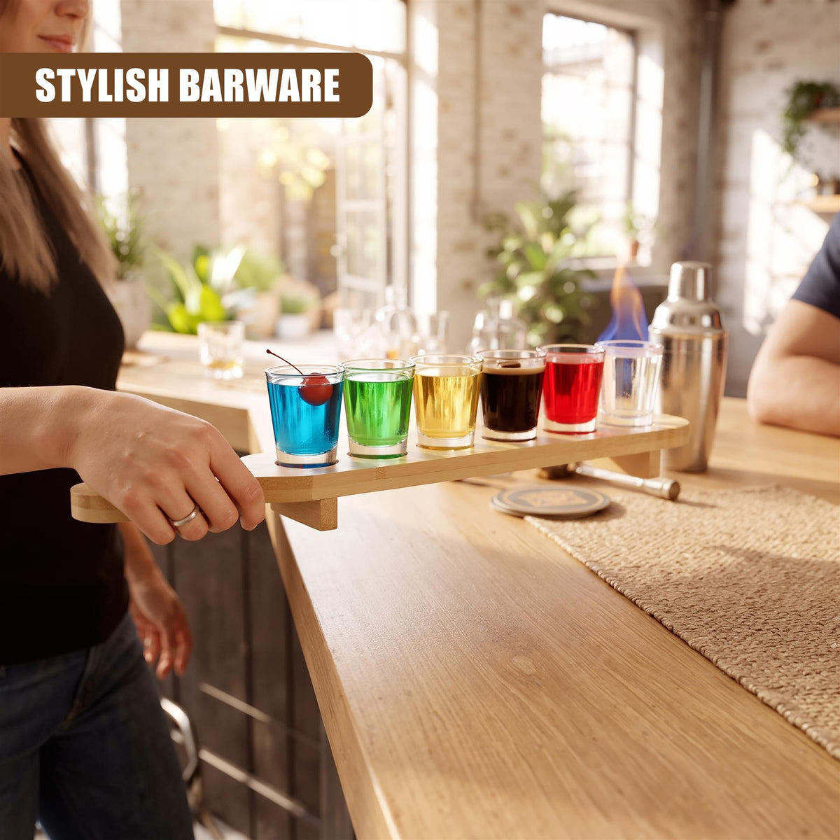 Set of 6 Shot Glasses with Wooden Holder - 40ml
