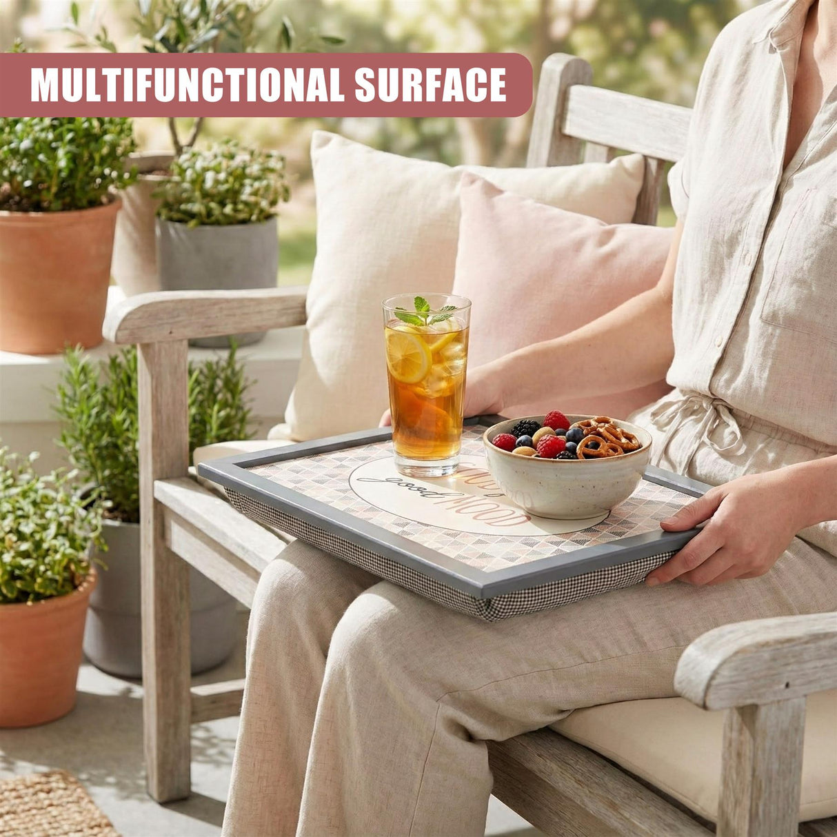 Lap Tray with Bean Bag Cushion Good Food Good Mood Design