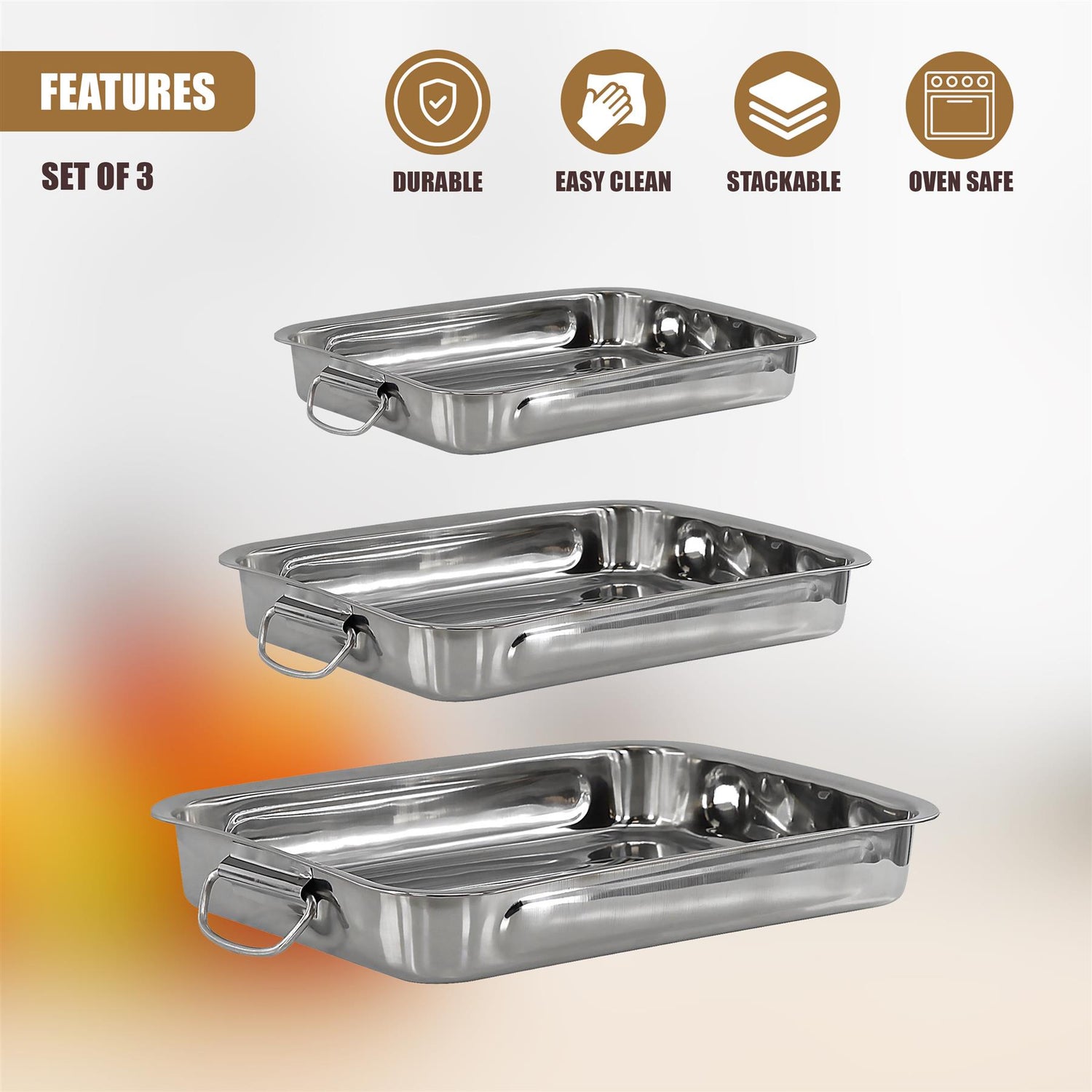 Set Of 3 Stainless Steel Roasting Trays by GEEZY - UKBuyZone