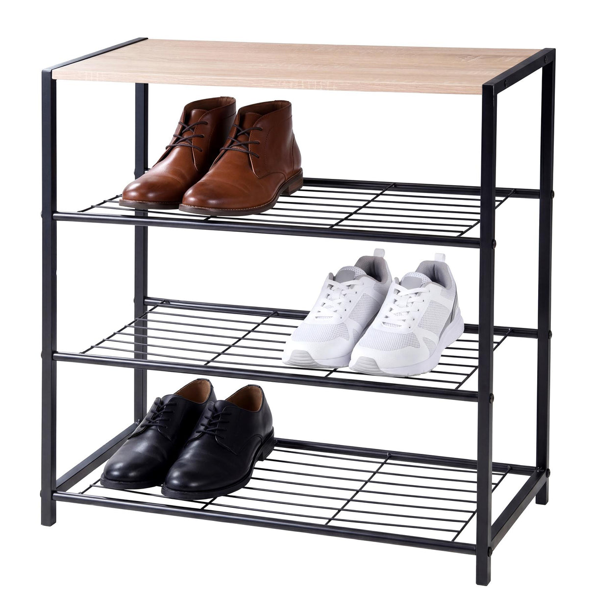Three-tier shoe rack featuring brown boots, white sneakers, and pairs of black dress shoes.