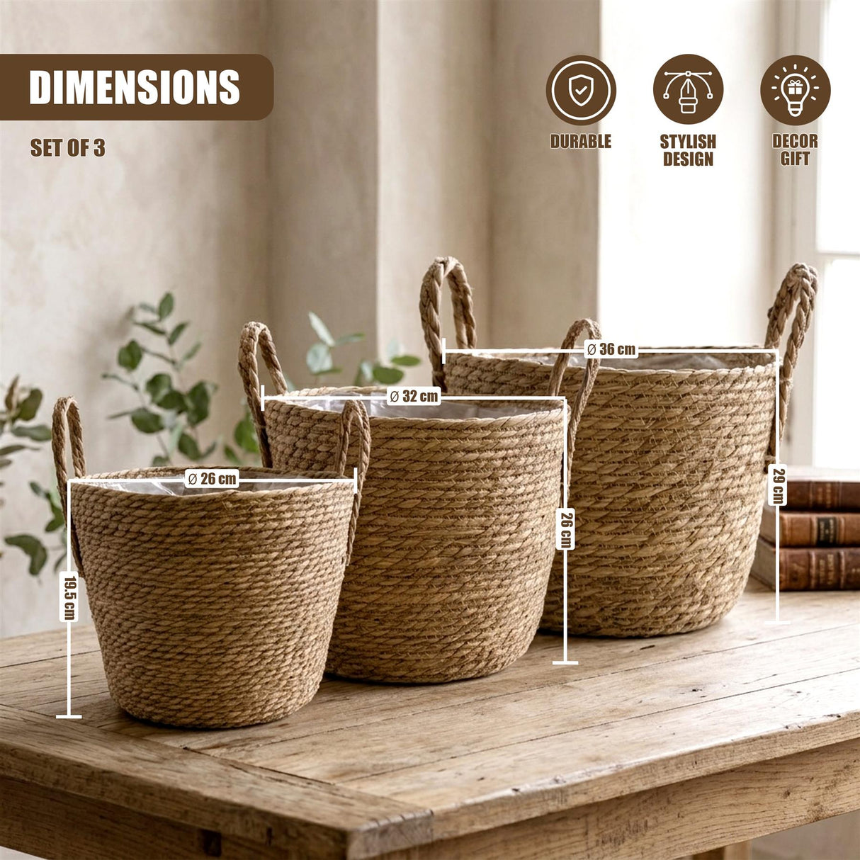 Set of 3 Wicker Planters with Handles