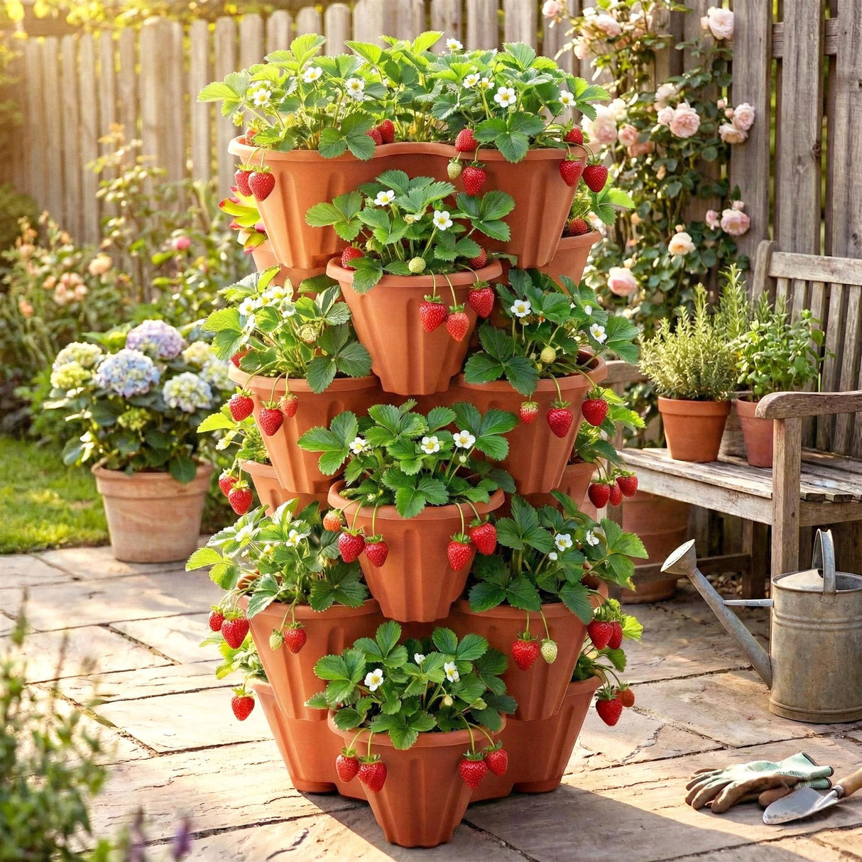 Stackable planters with strawberries, a sunny outdoor setting. Perfect for urban gardening or patio decor. - UKBuyZone