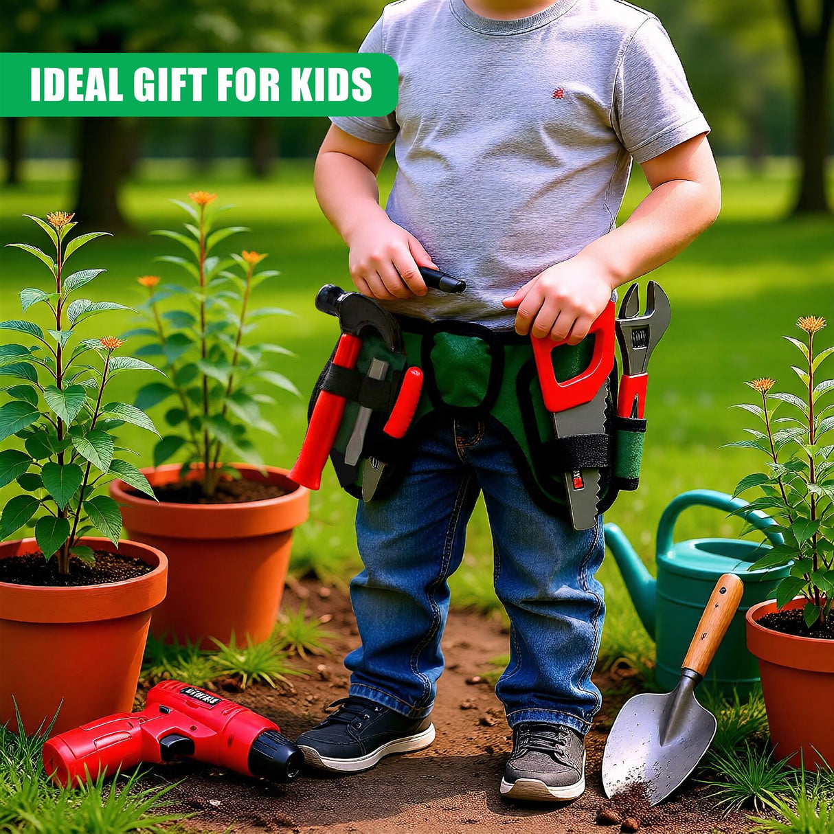 "Gift set of kids' tools and work belt with shovel in the soil." - UKBuyZone