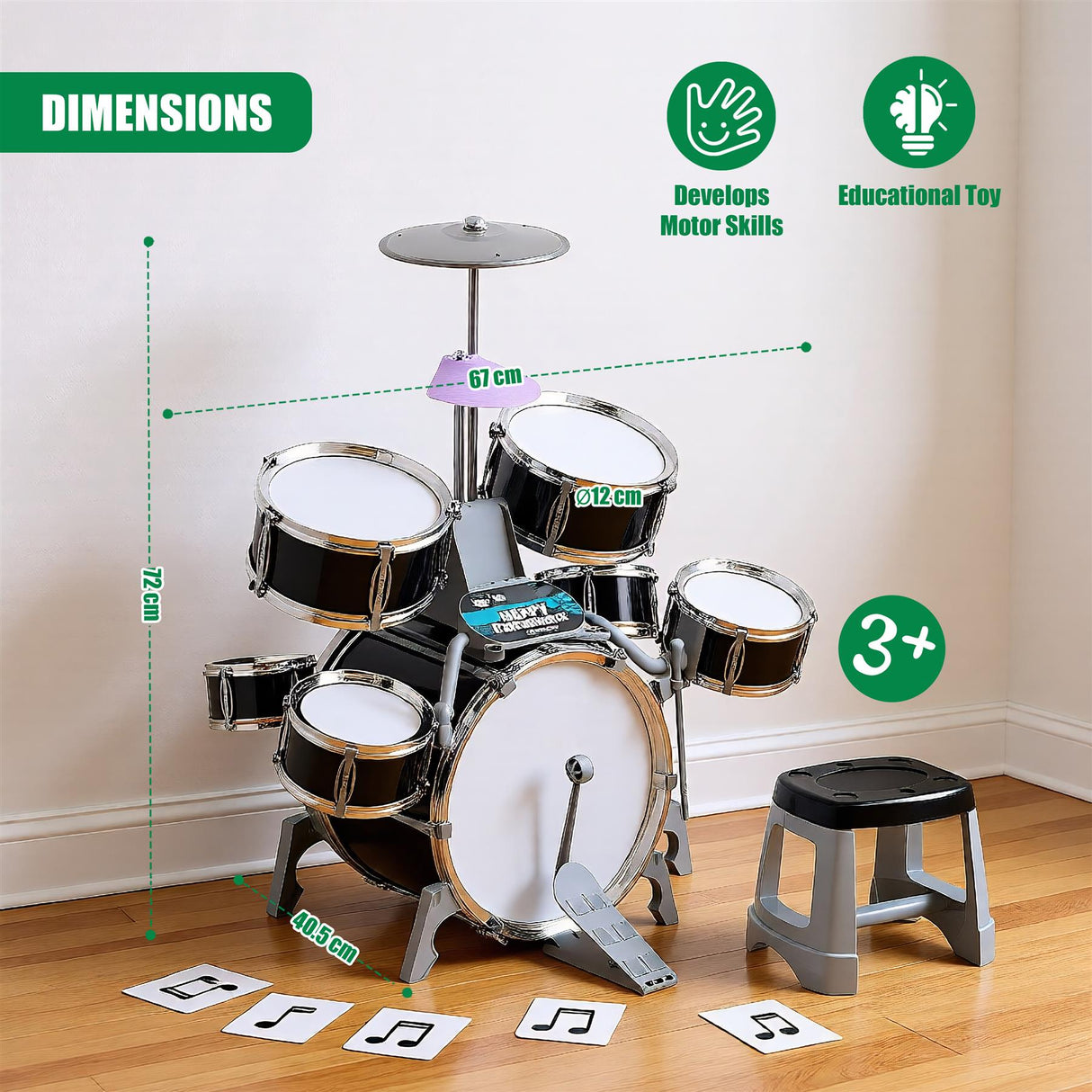 Black Multi functional Kids Jazz Drum Set