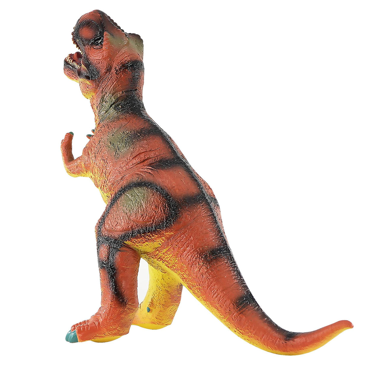 Molded foam T-Rex toy featuring red, orange, and black patterned coloration on the body.