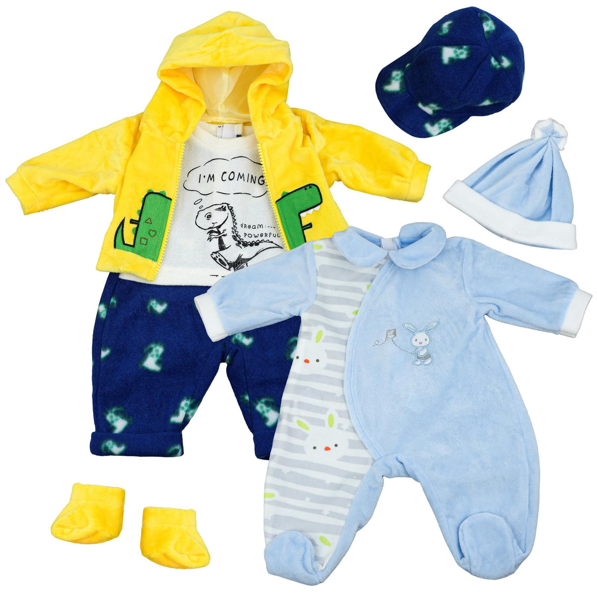 Yellow and blue doll outfits include a jacket, pants, sleeper, knit hats, and small yellow booties.