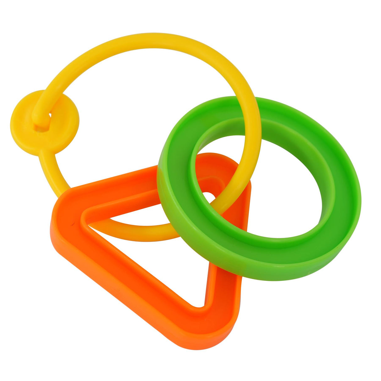 Brightly colored plastic teethers set including yellow, green, and orange interlocking rings.