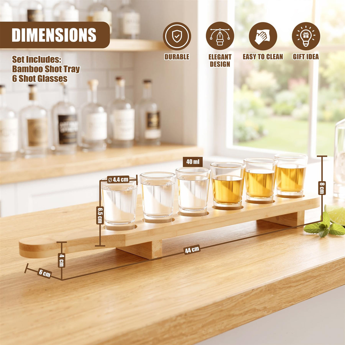 Set of 6 Shot Glasses with Wooden Holder - 40ml
