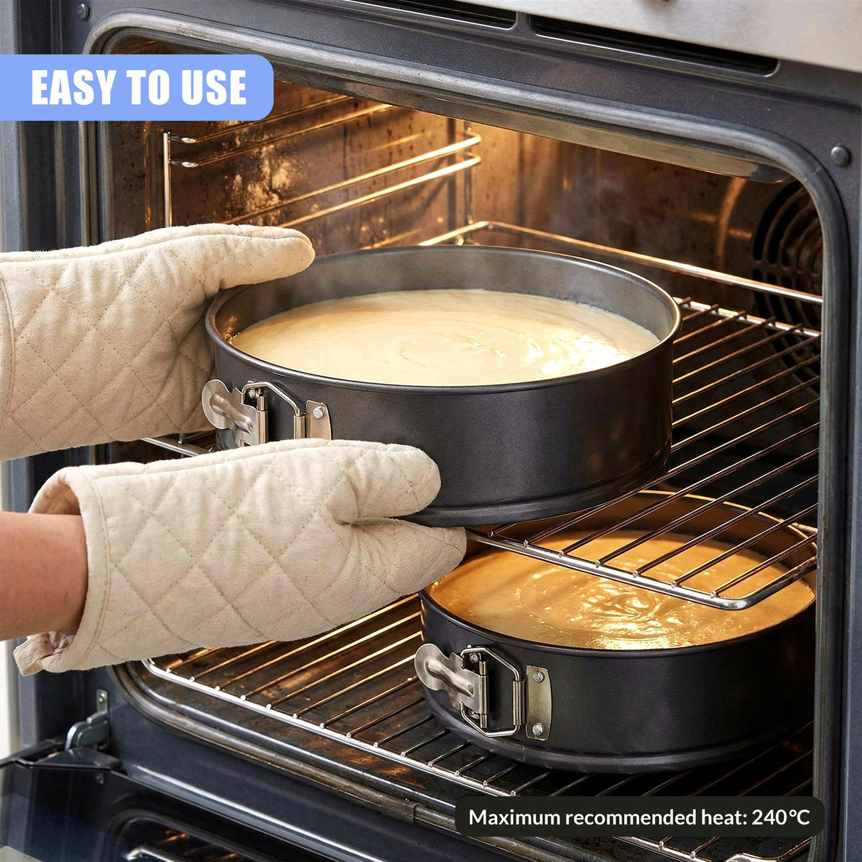 Hands using oven mitts to place filled springform tins into an open oven.