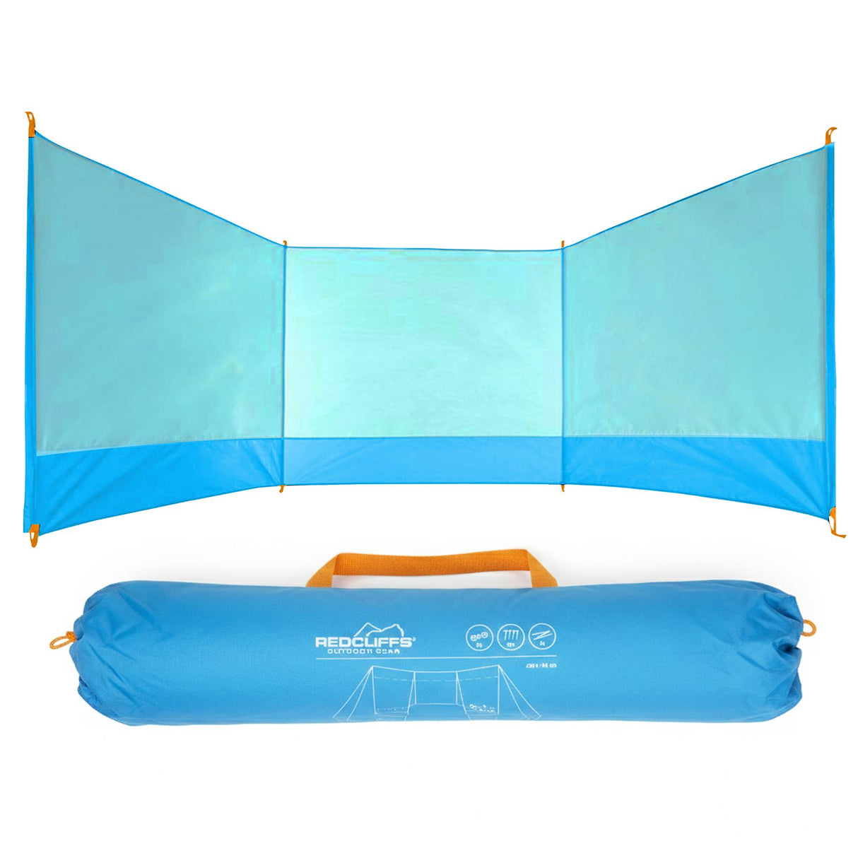 Two outdoor items are displayed: an open, light blue shelter and a rolled blue ground tarp.