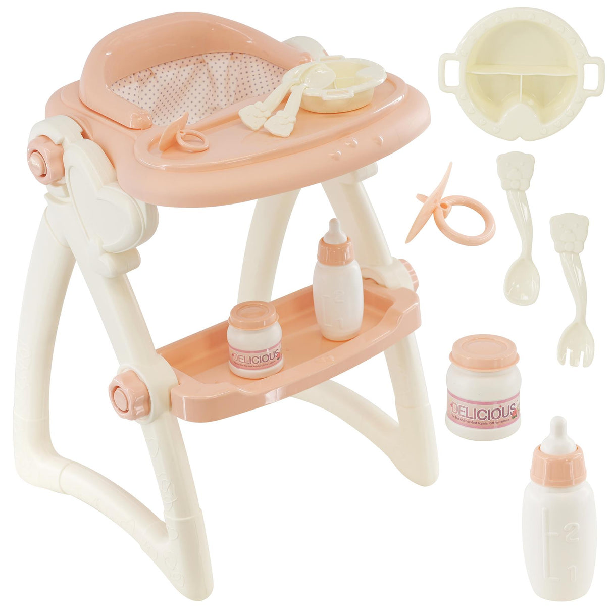 Dolls high chair and feeding accessories set, pink, toy for kids - UKBuyZone