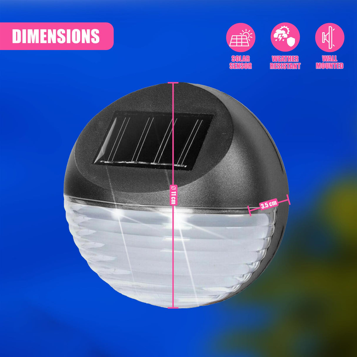 Black, spherical solar light fixture showing dimensions and labeled features like the solar sensor and mounting points.