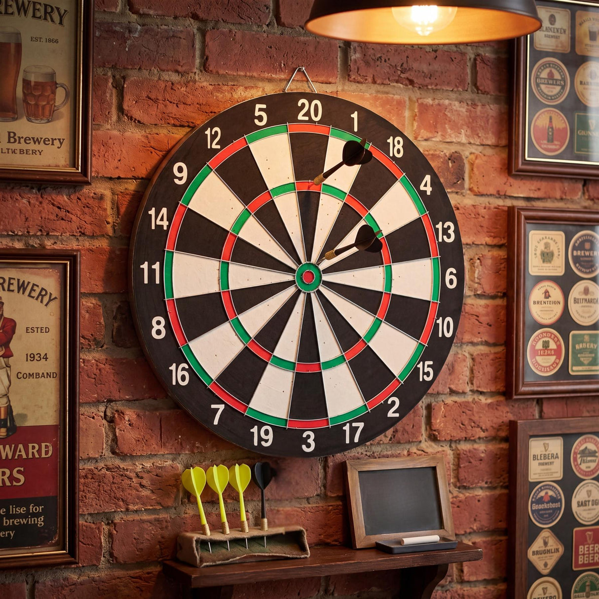 A double-sided dartboard with six darts hangs against a rustic brick wall background.