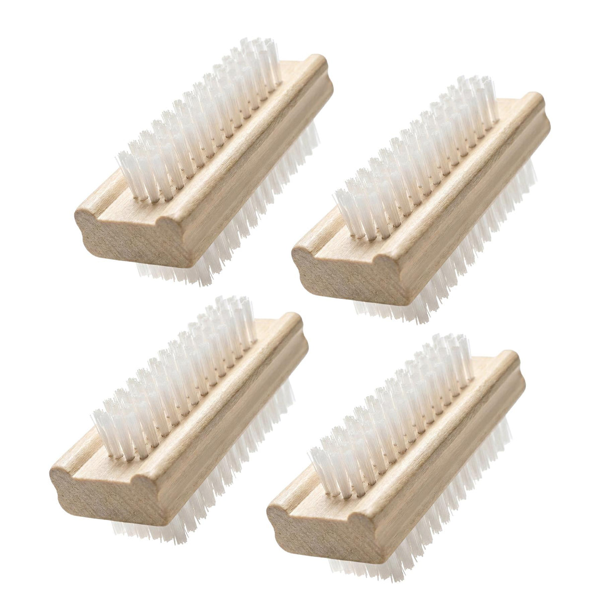 Three wooden nail scrubbing brushes with white bristles displayed on a white background.