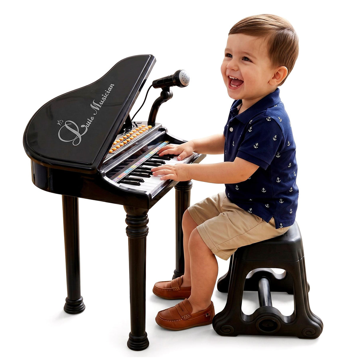 Black Electronic Piano With Microphone and Stool