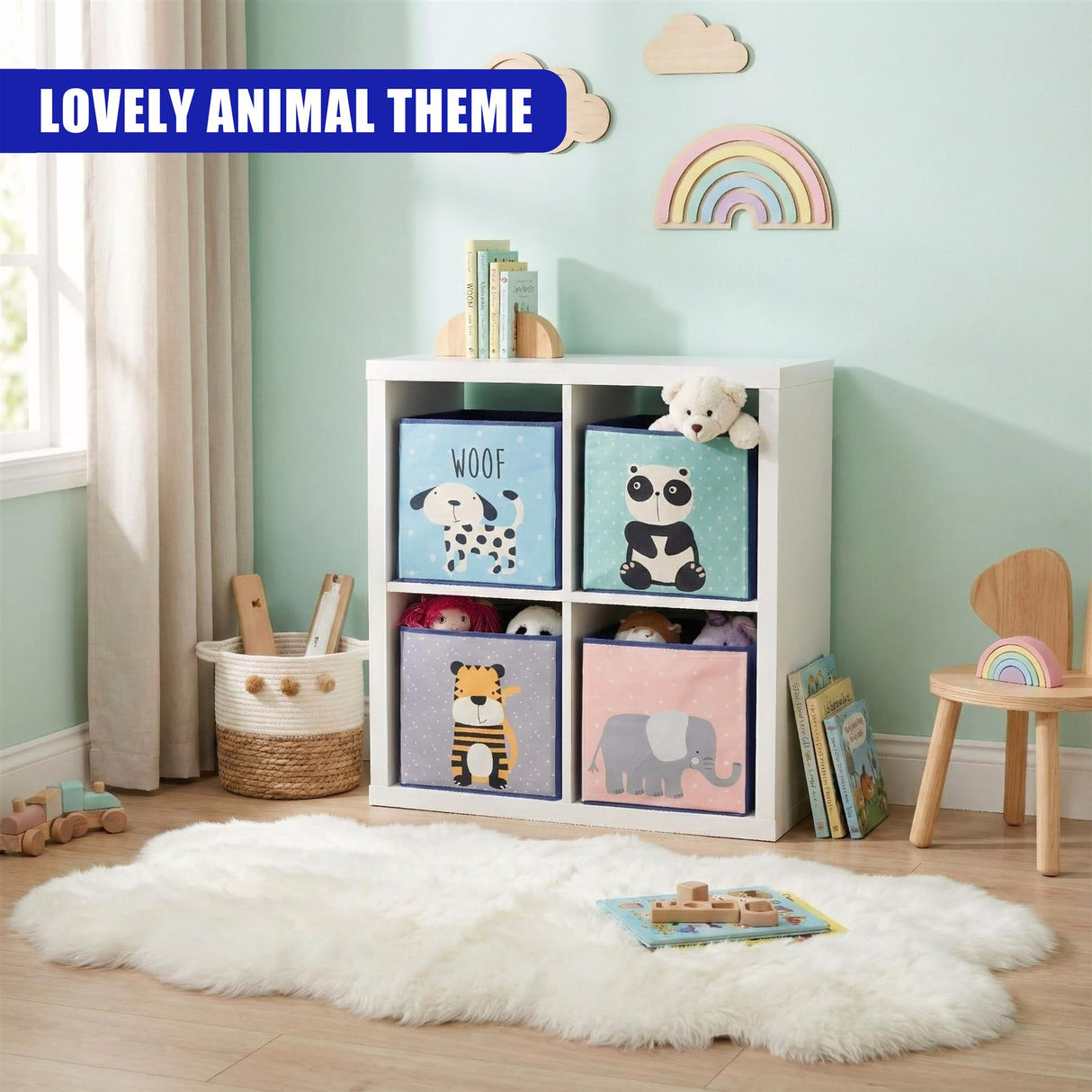 A set of four storage boxes designed with animal themes, placed in a room decorated with children's furniture and toys, creating an appealing space for kids to engage with. - UKBuyZone