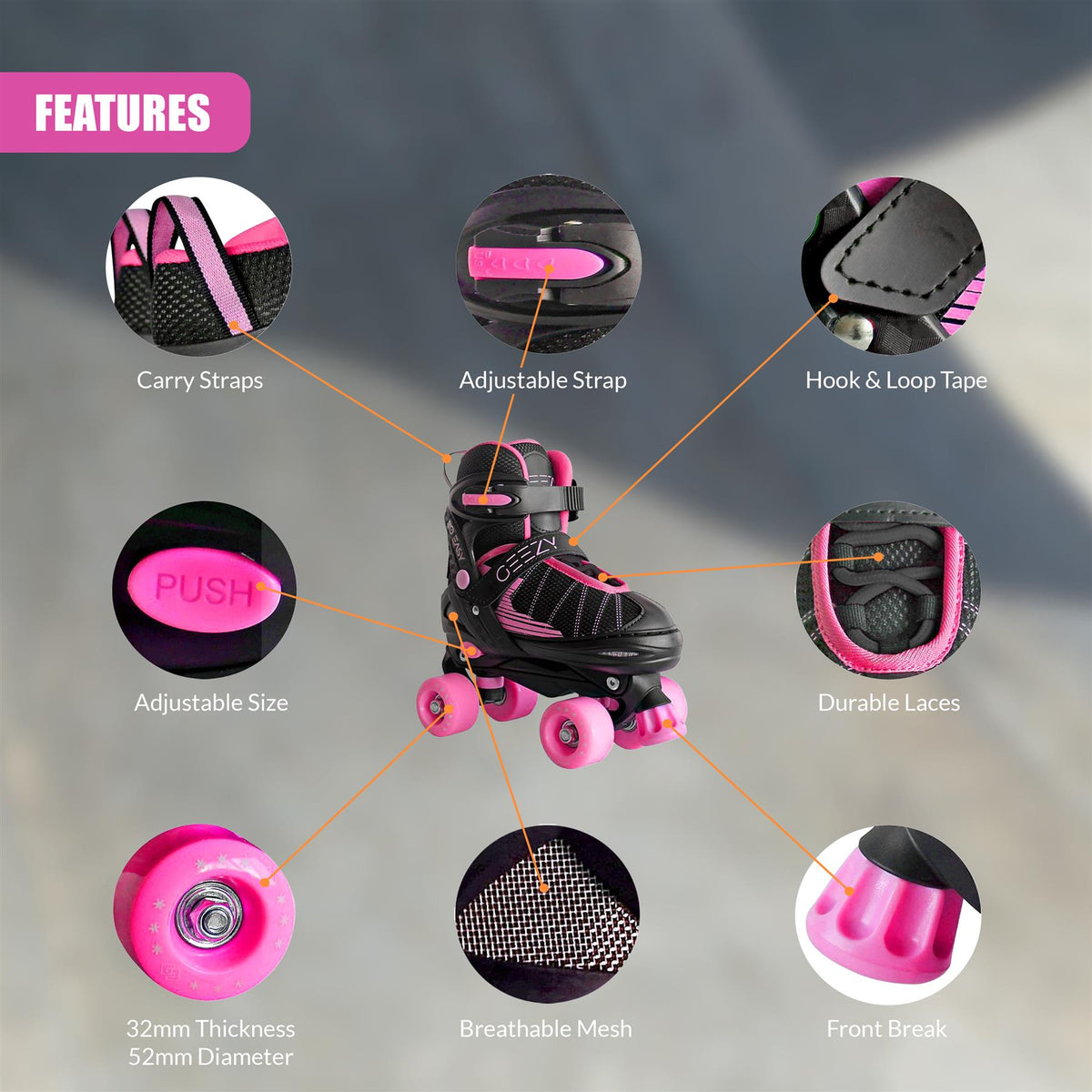 Black & Pink Kids Adjustable Roller Skates