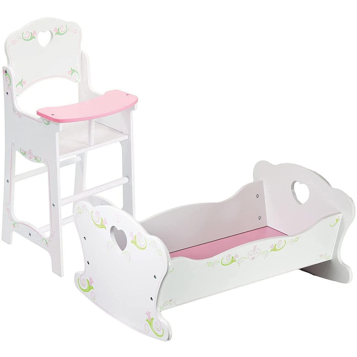 Dolls wooden high chair and cradle set, both in a light pink color with floral design and white paint trim. - UKBuyZone