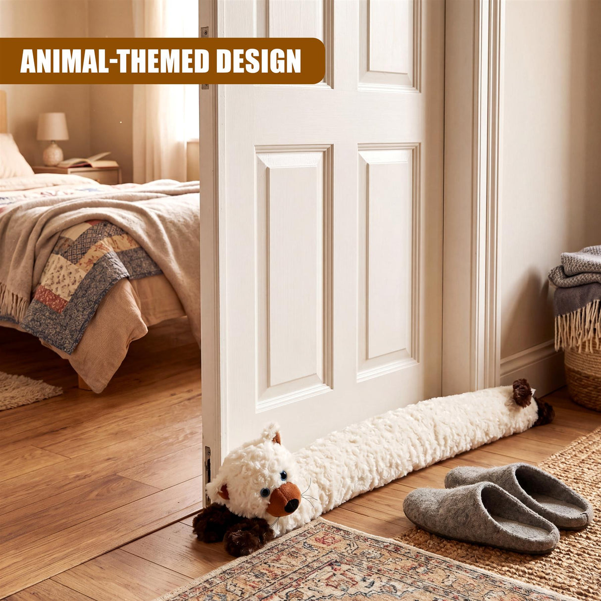 Cream stuffed bear draught excluder rests on a doorway, near two folded gray cushion covers.