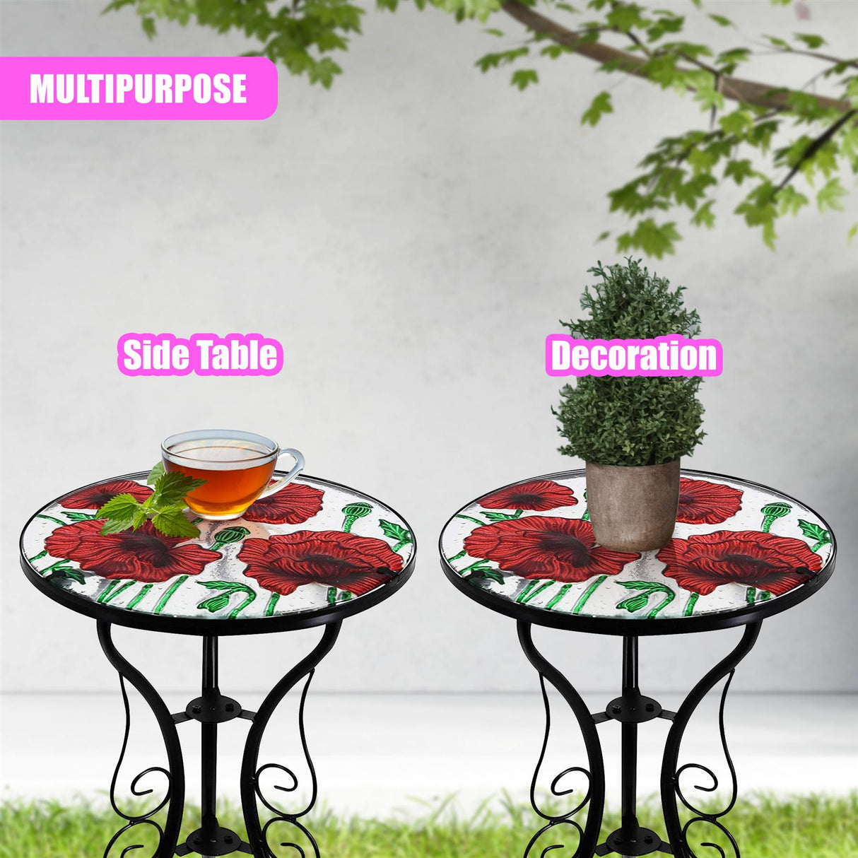 Round Side Mosaic Garden Table With Poppies Design by Geezy - UKBuyZone