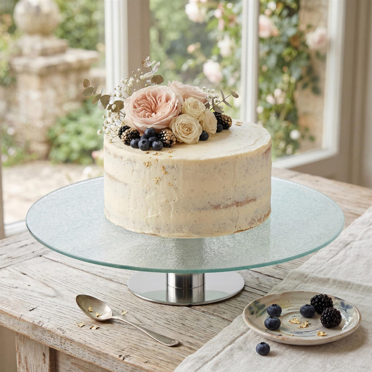 Glass cake stand supporting a white decorated cake, resting on a circular metallic base.