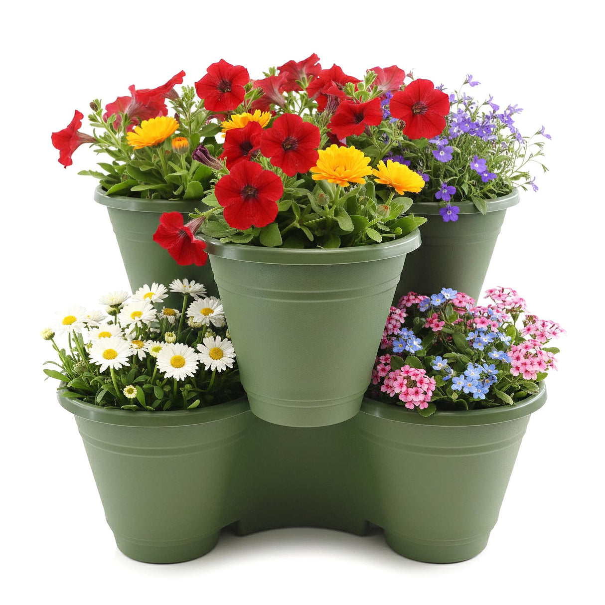 A grouping of green planters filled with various colorful blooming flowers.