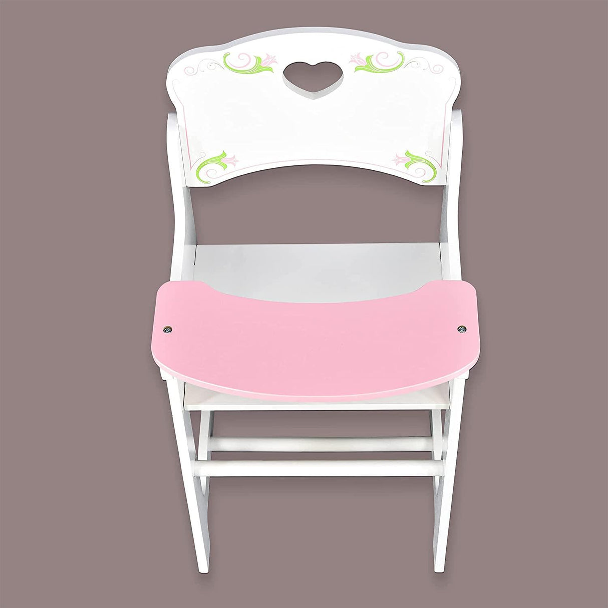 A wooden high chair with pink cushioning, suitable for small children or dolls, painted white with a floral design on top right corner, placed against light background. - UKBuyZone