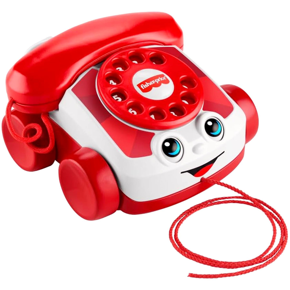 Red and white toy phone featuring a keypad, facial details, and attached coiled cord.