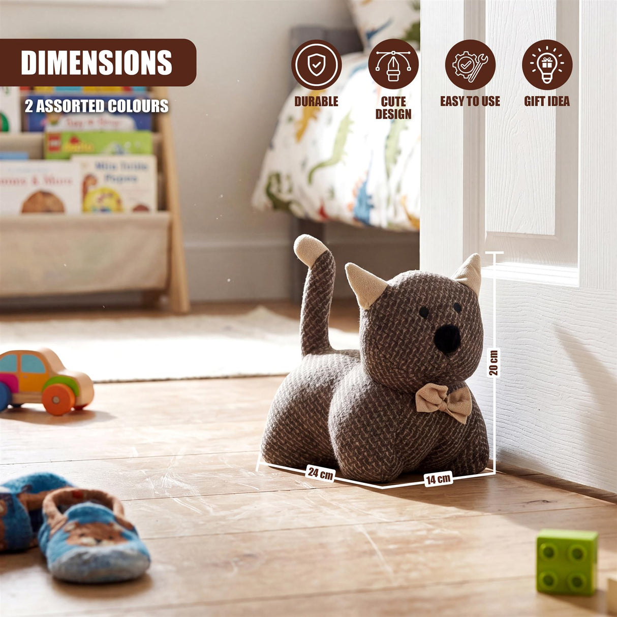 Two knit cat door stoppers, one gray and one tan, are placed on a wooden floor.