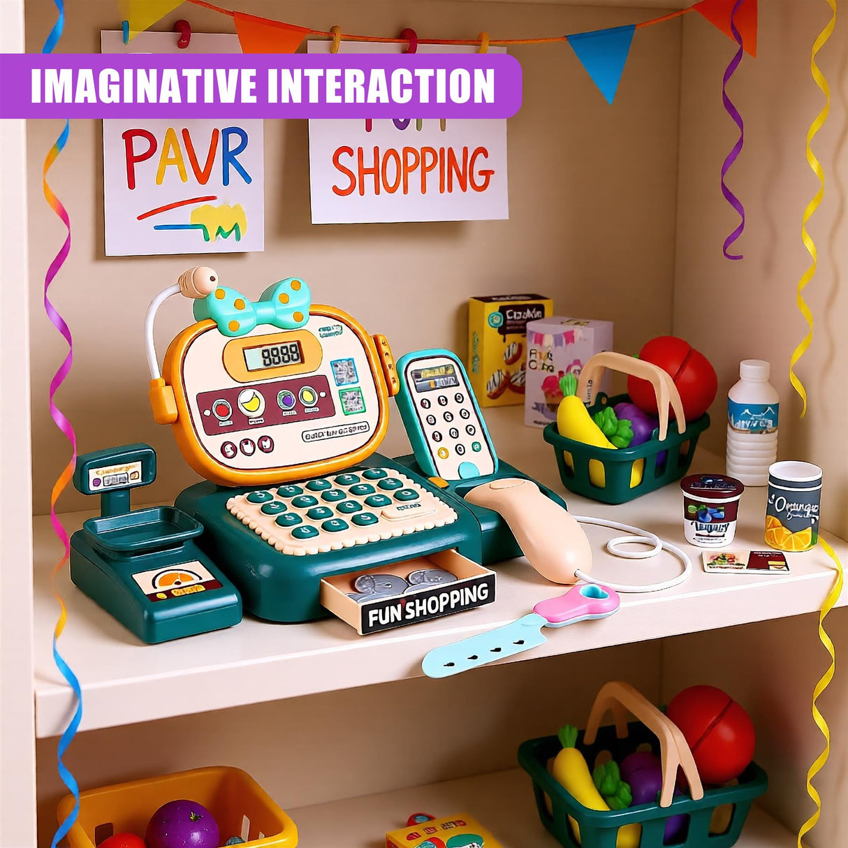 A colorful, interactive toy shopping experience for kids, featuring a cash register, play money, and various play food and toys. - UKBuyZone