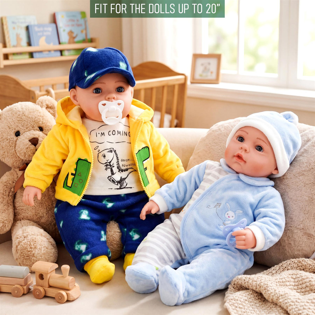 Two dolls model coordinated outfits on a couch, featuring yellow and light blue colors.