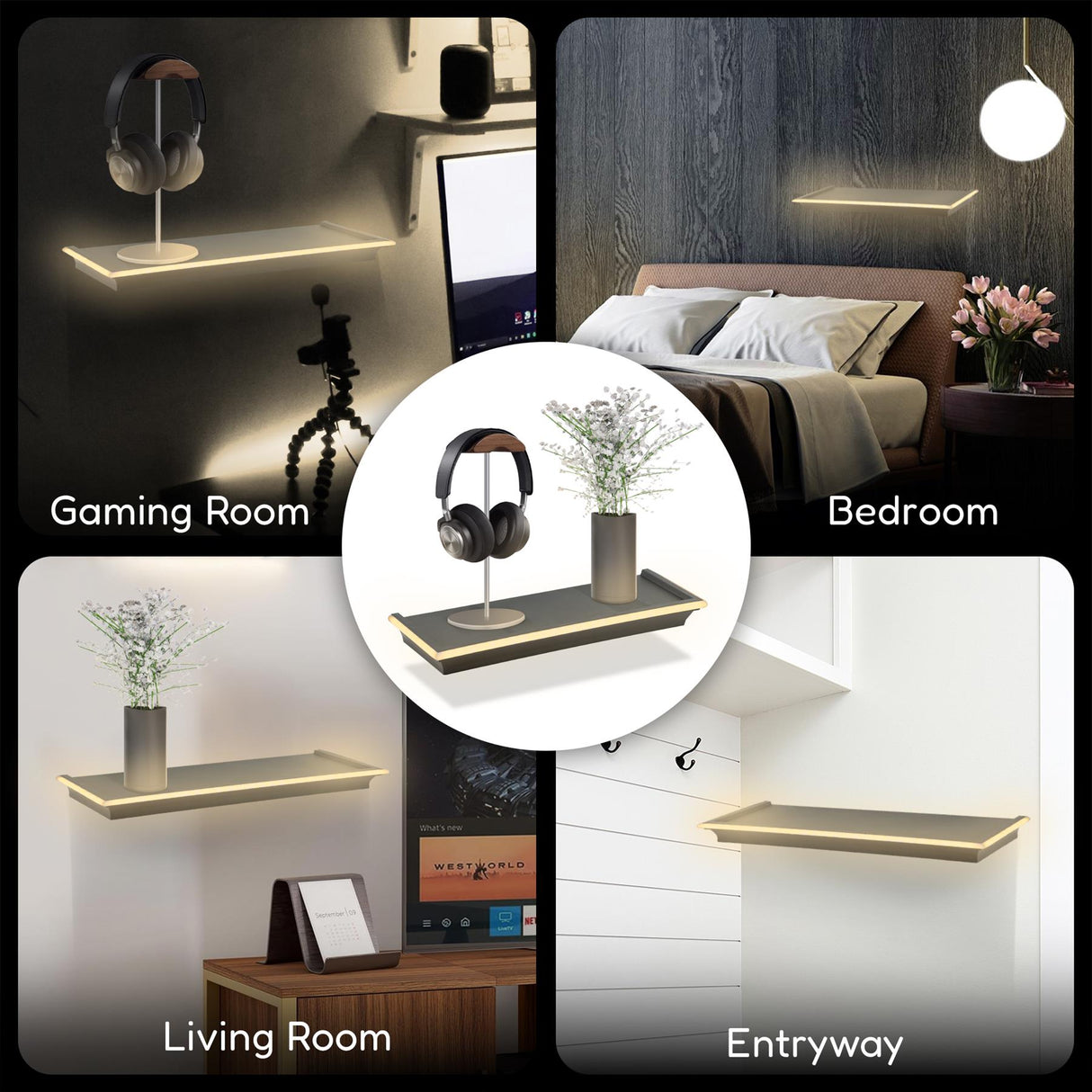 Black Floating Shelves with LED Neon Lights by GEEZY - UKBuyZone