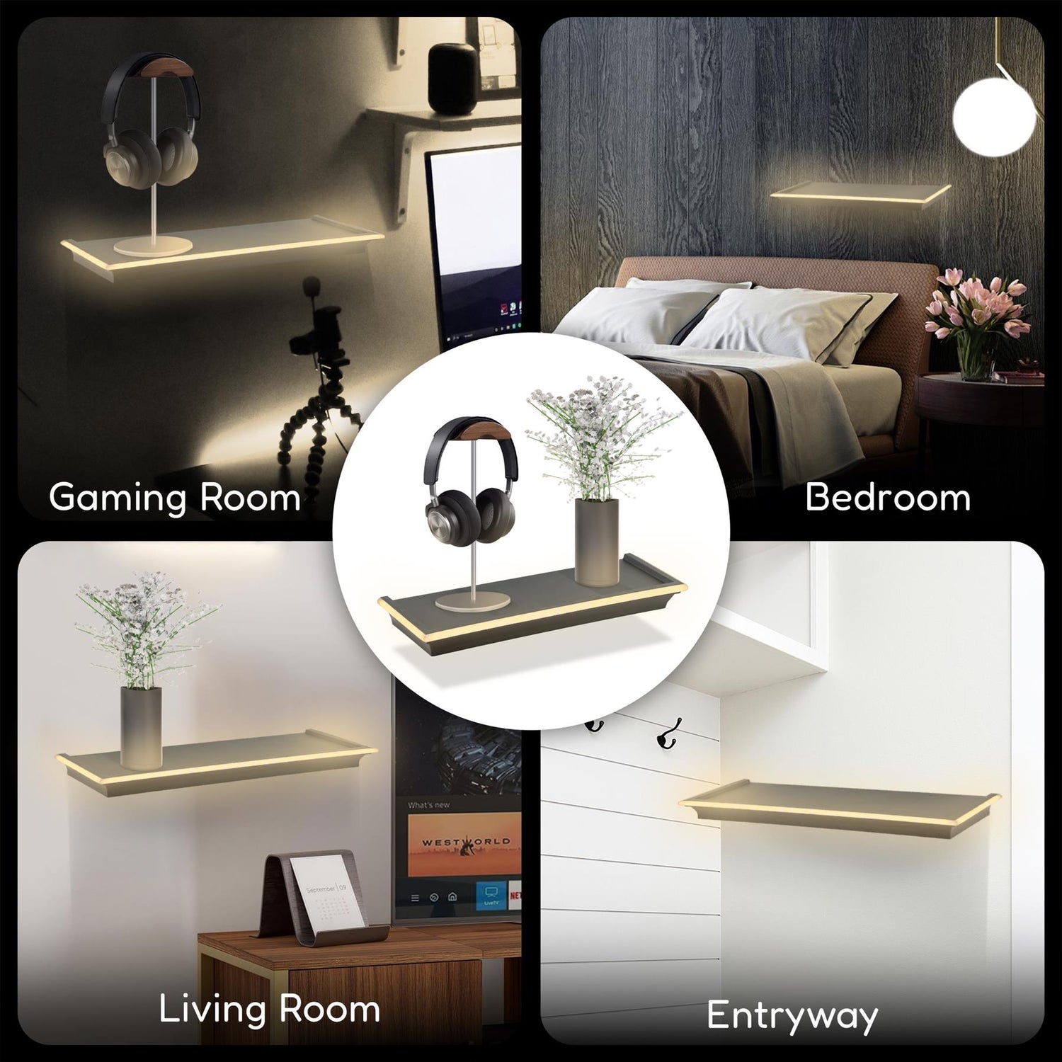 Black Floating Shelves with LED Neon Lights by GEEZY - UKBuyZone