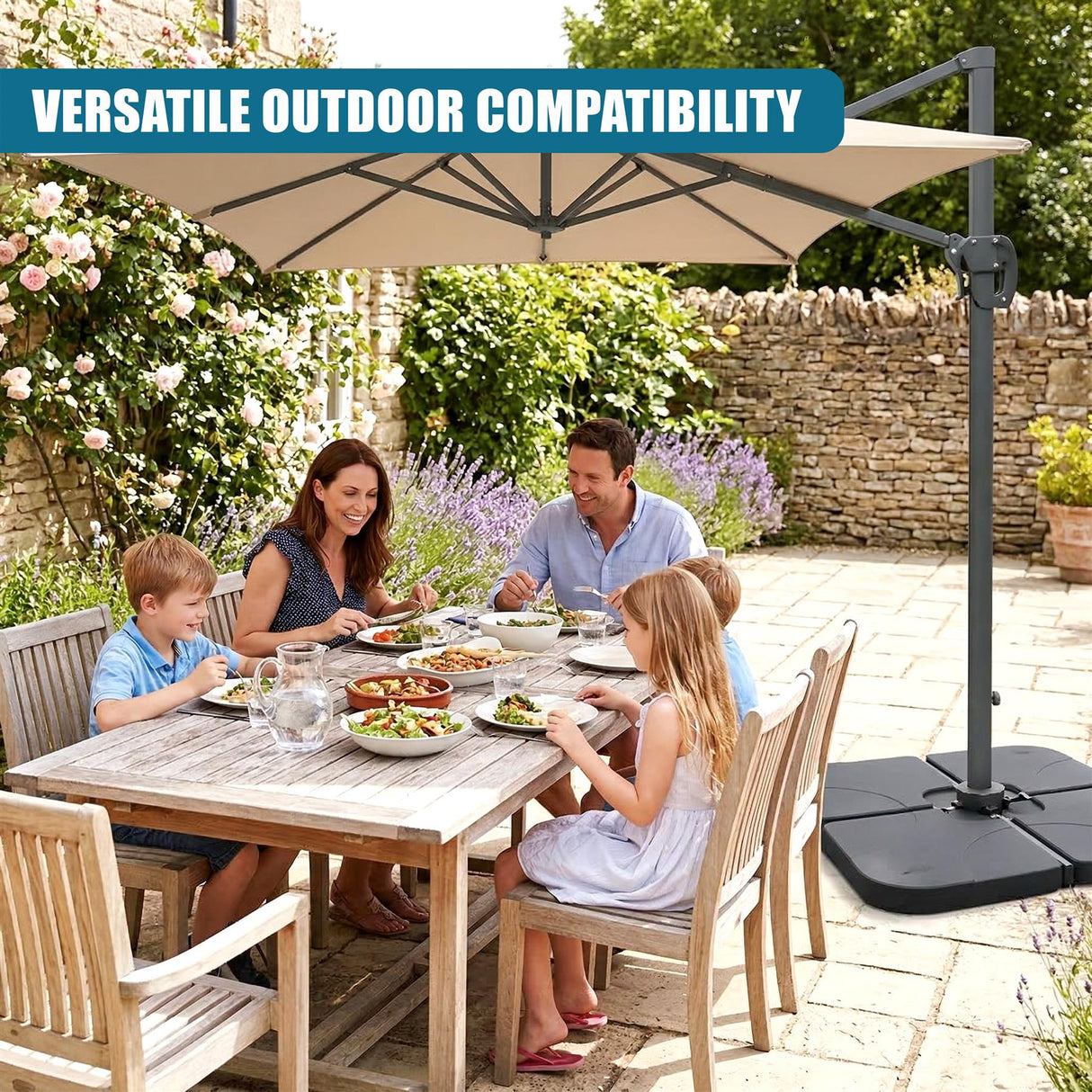 Large cantilever parasol providing shade over an outdoor wooden table and dining area.