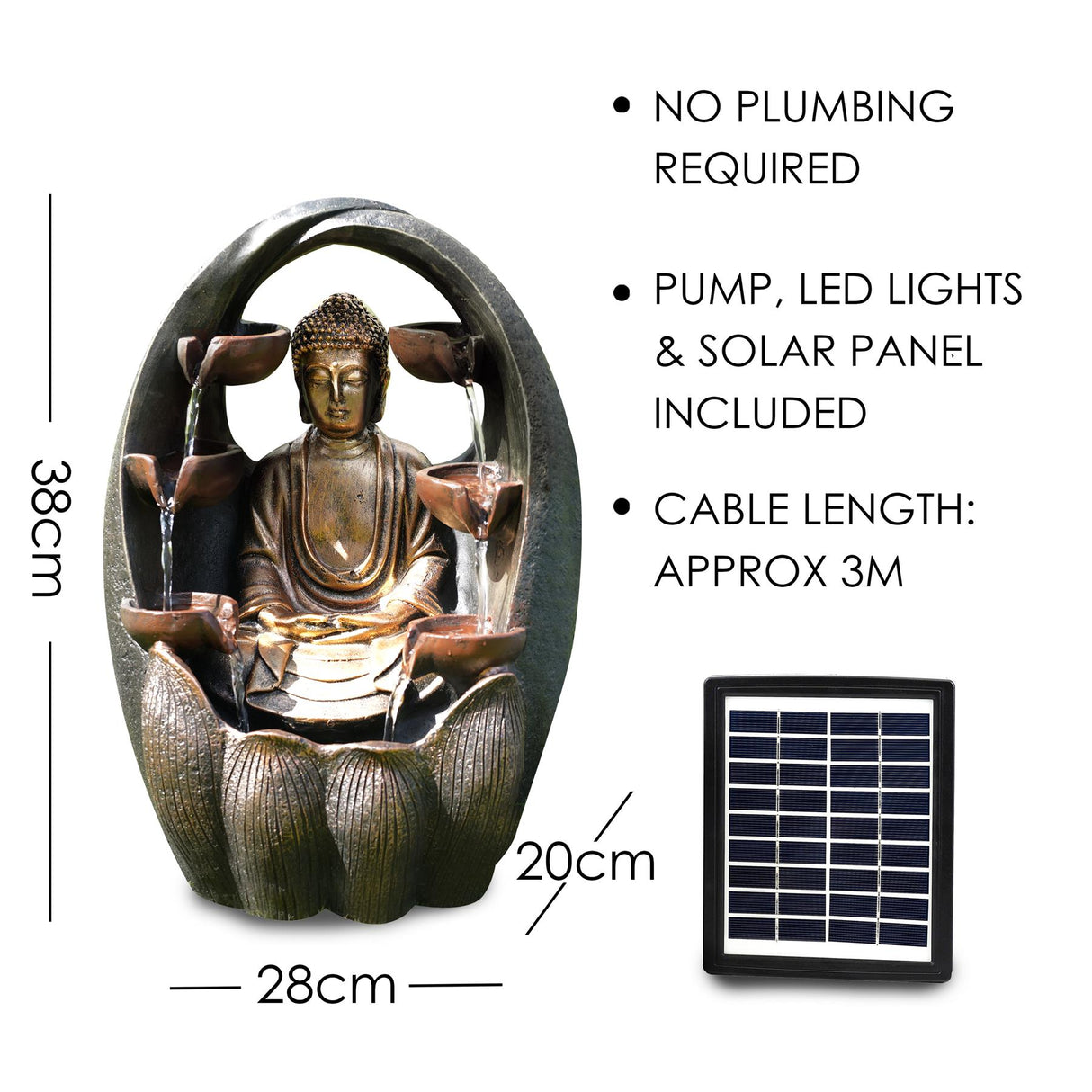 Golden Buddha Solar Water Feature Outdoor With LED by GEEZY - UKBuyZone